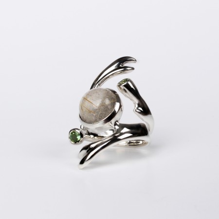 Freesia ring med Rutile quartz og grønne Tourmaliner